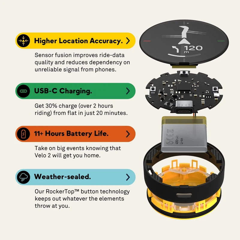 BEELINE Velo 2 Ciclocomputer GPS - Mappa di Navigazione Wireless Globale I Resistente alle Intemperie I Carica USB I Navigatore Bici con Supporto I Utilizzabile con Guanti