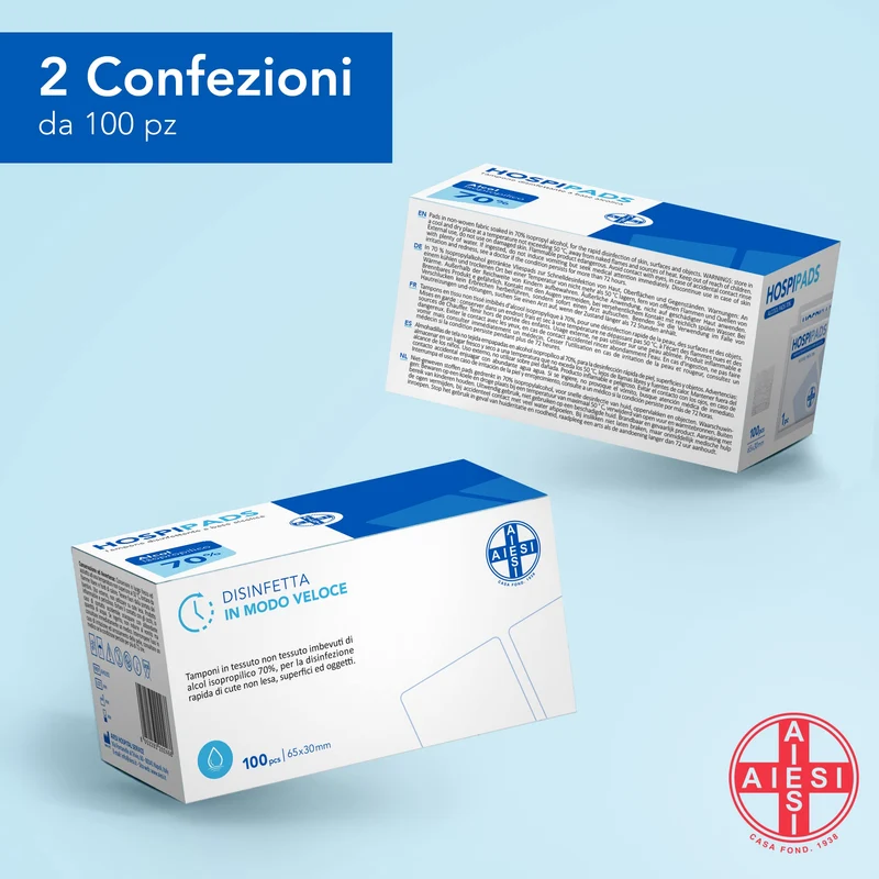 AIESI® Tamponi salviette disinfettanti a base di alcool isopropilico 70% dimensioni 65x30 mm confezionati singolarmente HOSPIPADS (Confezione da 200 pezzi)