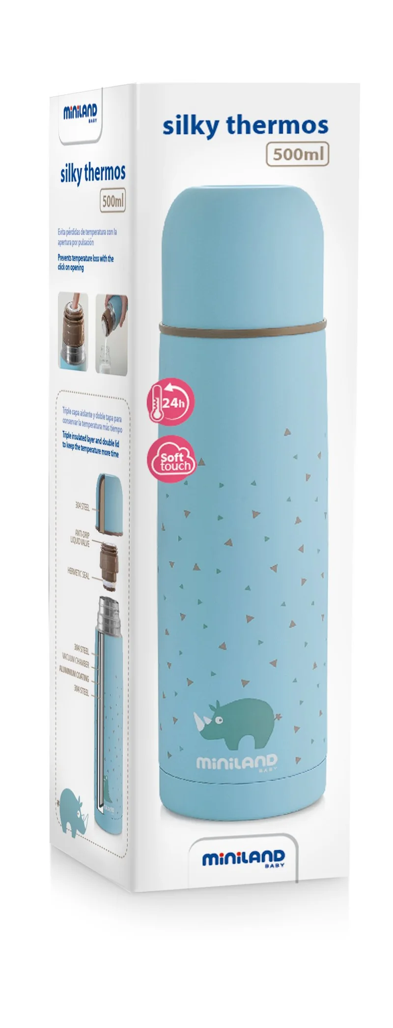 89218 Miniland Thermos per liquidi da 500ml di acciaio di gran qualità e valvola antigoccia con finitura gommosa