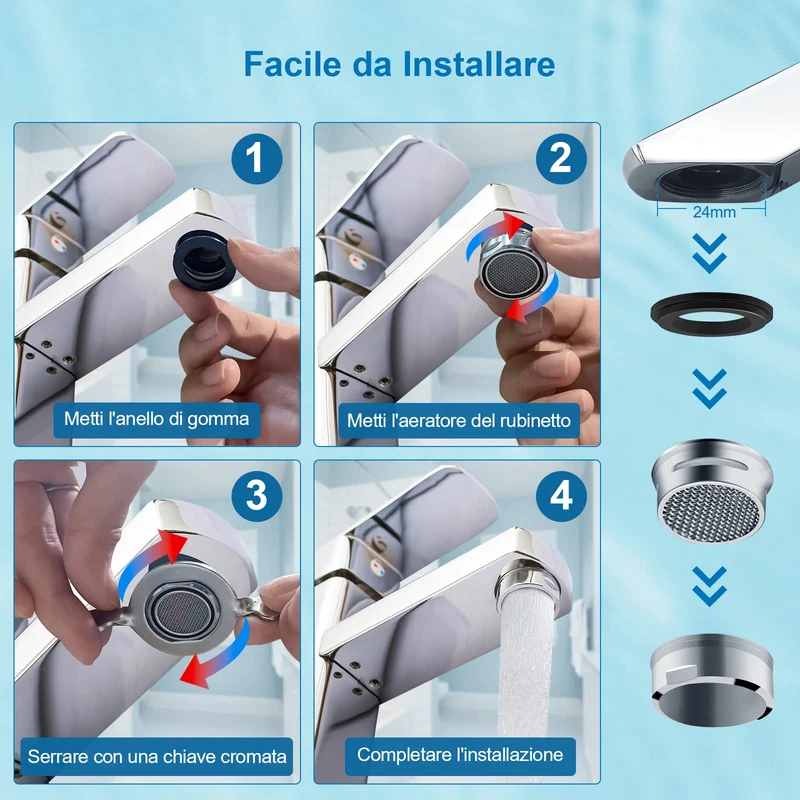 Aeratore Rubinetto M24 Rompigetto Rubinetto Filtri Rubinetti Lavandino per Bagno e Cucina, Filtro in Acciaio Inox + ABS con 8 Guarnizioni e 1 Chiave Cromata, Antispruzzo, Risparmio Idrico, 6pcs