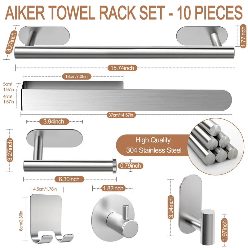 AIKER Porta Asciugamani Bagno,Versione aggiornata Porta Asciugamani Bagno Adesivo 10PCS,Acciaio Inossidabile SUS304 Ispessito di Accessori Bagno Per Mobili da Bagno o arredo Bagno a Parete