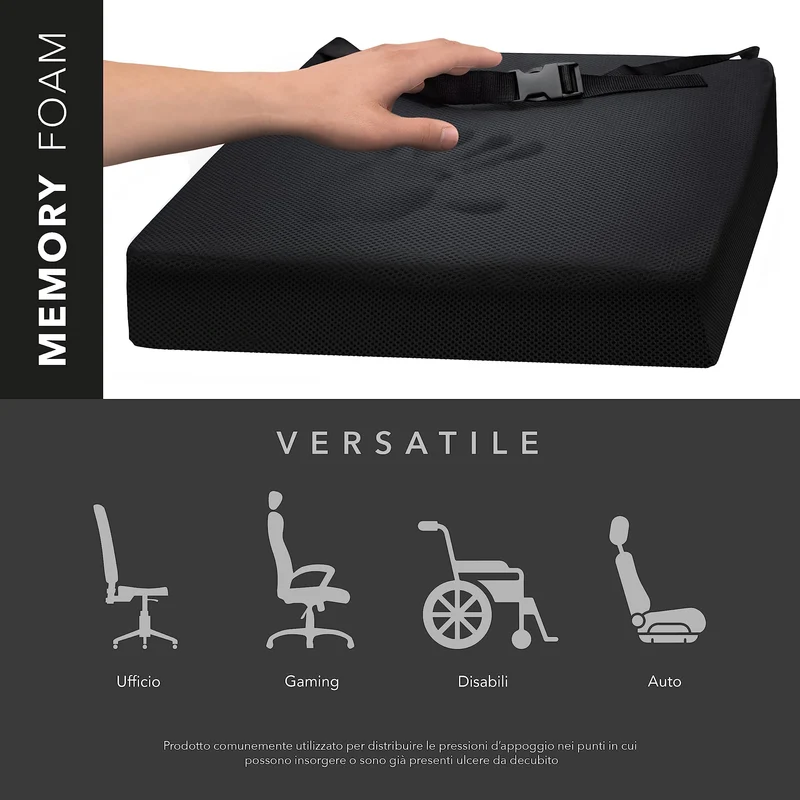 AIESI® Cuscino Antidecubito professionale (Certificato) memory in poliuretano espanso con cuscinetto interno in gel viscoelastico e cinghia di fissaggio cm 44x44x8h