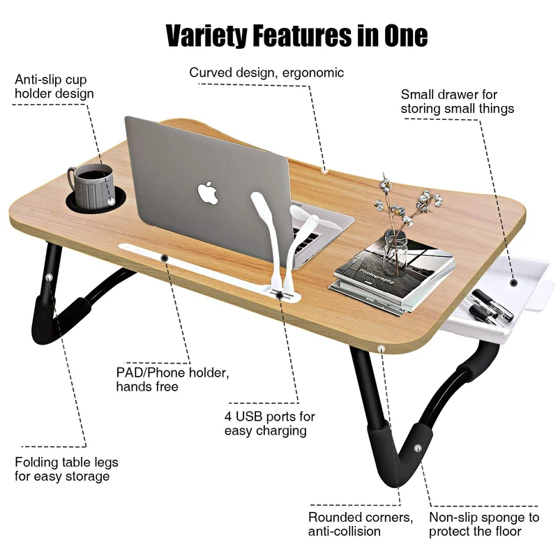 A3A ACADGQ Tavolino da Letto, Tavolo Laptop Pieghevole con 4 Interfaccia USB, Cassetto, Slot per Tazza, Staffa Pad, Scrivania per Letto, Divano, Pavimento (60x40cm, Colore del Legno)