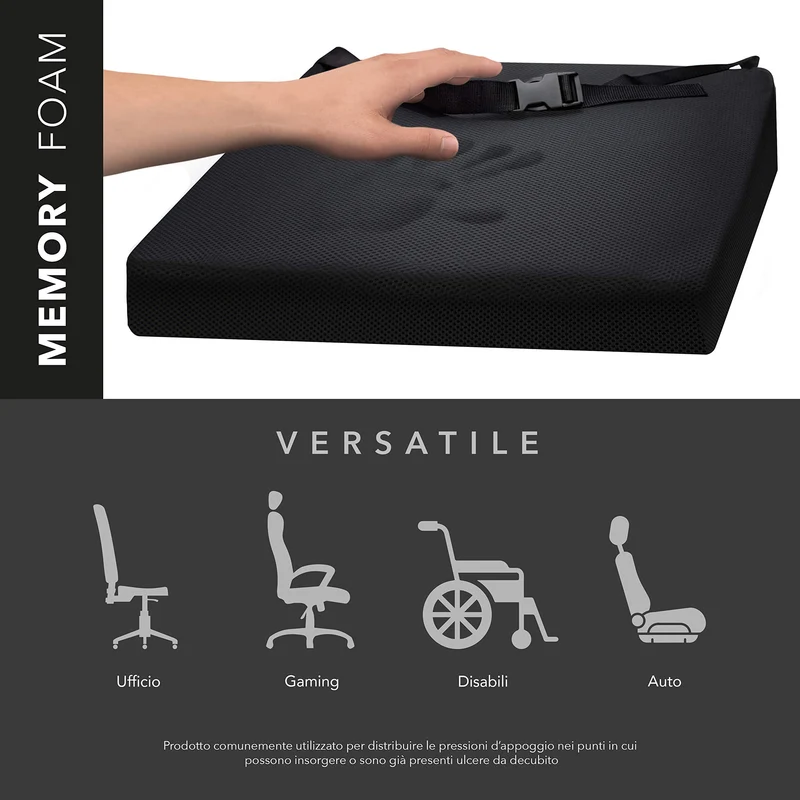 AIESI® Cuscino Antidecubito professionale (Certificato) memory in poliuretano espanso con cuscinetto interno in gel viscoelastico e cinghia di fissaggio cm 44x44x5h
