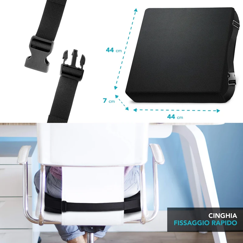 AIESI® Cuscino Antidecubito professionale (Certificato) memory in poliuretano espanso con cuscinetto interno in gel viscoelastico e cinghia di fissaggio cm 44x44x5h
