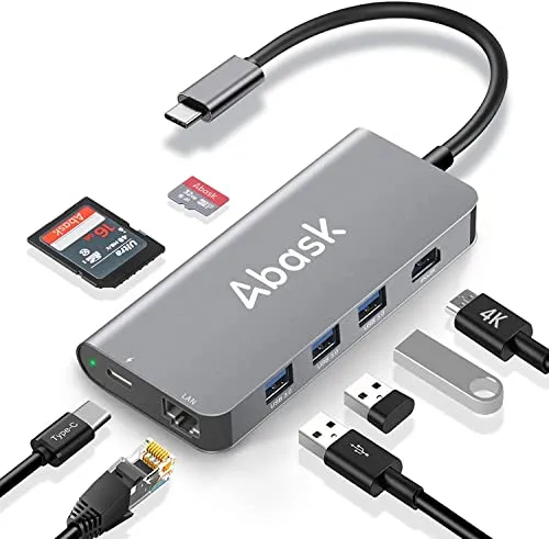 Abask Hub USB C Adattatore 8 in 1 Tipo C con Uscita Video 4K, Ethernet RJ45, 3 Porte USB 3.0, Lettori SD e TF, Porta di Ricarica PD da 100W per MacBook PRO Air dell Xps Samsung Dex S10 Huawei Mate ECC