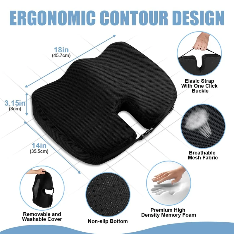 Ainiv Cuscino del Sedile in Memory Foam, Cuscino del Coccige Antiscivolo Regolabile per Seggiolino Auto, Sedia da Ufficio o Sedia, Adatto per Alleviare il Dolore Alla Schiena, All'anca e al Coccige
