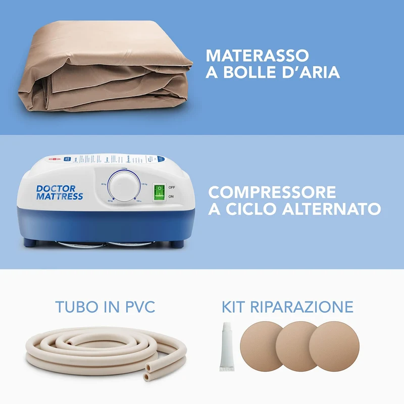 AIESI® Materasso Antidecubito a bolle d'aria con compressore regolabile a ciclo alternato DOCTOR MATTRESS, 130 Celle, Portata 150 Kg, Super-silenzioso, Ganci in acciaio, Garanzia Italia 24 mesi