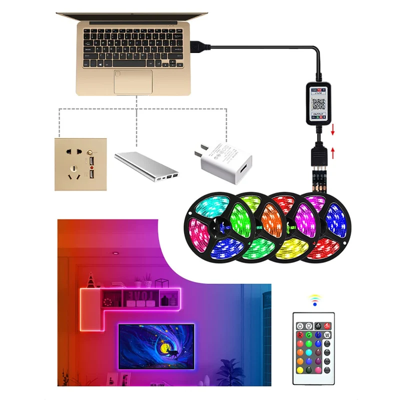 5M Striscia led tv luci led camera da letto,led rgb 5050 USB con Telecomando a 25 Tasti Colorati Dimmerabile per Interni, Decorazioni,TV Retroilluminazione