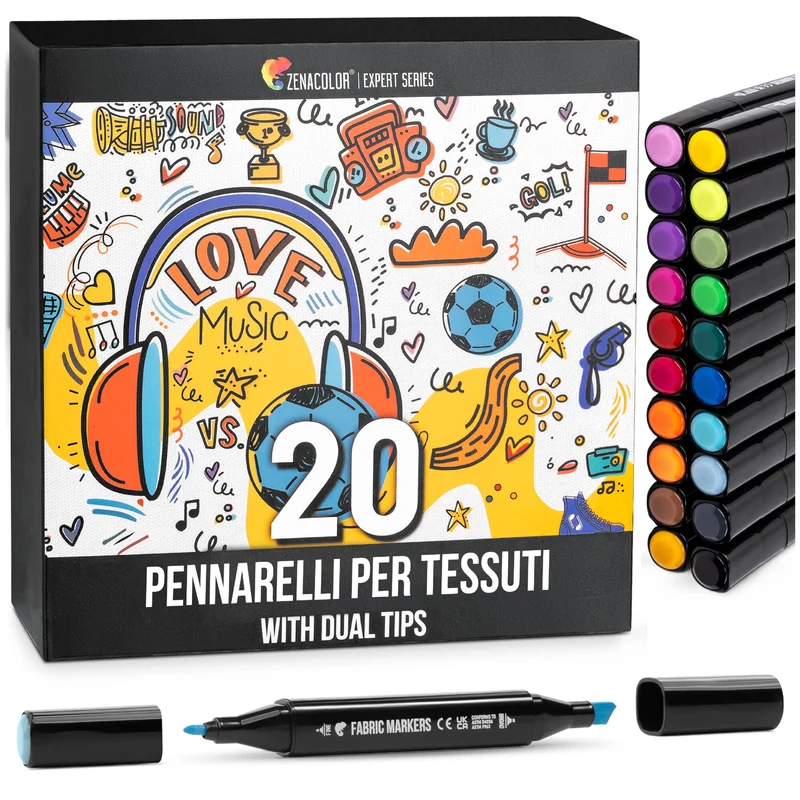 20 Pennarelli per tessuti e stoffe, resistenti al lavaggio (a freddo) e a doppia punta - Colori atossici per tessuti - Punte fini e cesellate per effetti multipli