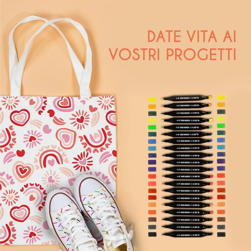 20 Pennarelli per tessuti e stoffe, resistenti al lavaggio (a freddo) e a doppia punta - Colori atossici per tessuti - Punte fini e cesellate per effetti multipli
