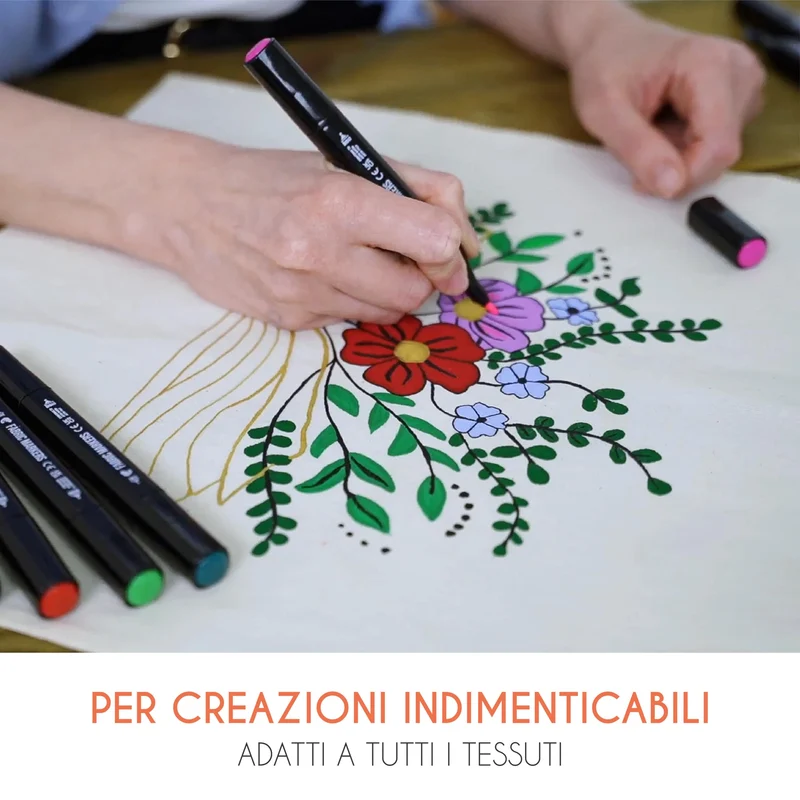 20 Pennarelli per tessuti e stoffe, resistenti al lavaggio (a freddo) e a doppia punta - Colori atossici per tessuti - Punte fini e cesellate per effetti multipli