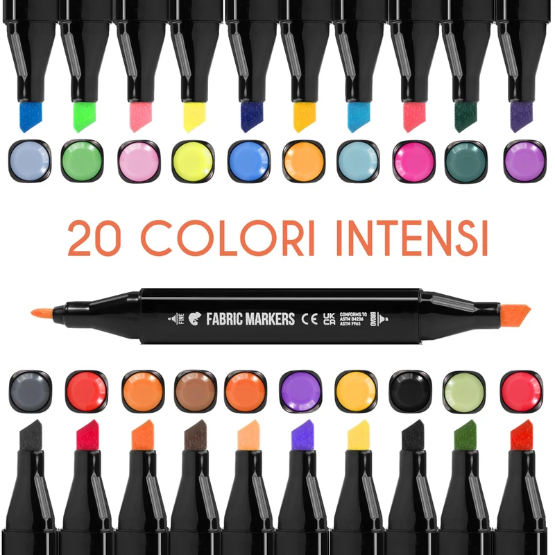 20 Pennarelli per tessuti e stoffe, resistenti al lavaggio (a freddo) e a doppia punta - Colori atossici per tessuti - Punte fini e cesellate per effetti multipli