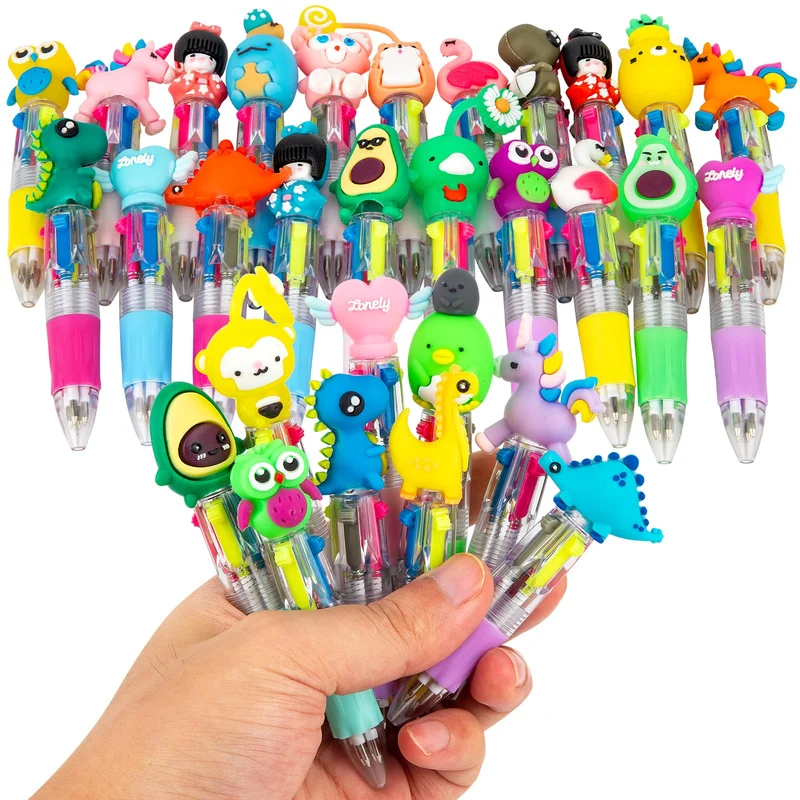 30 Penne Multicolore e Penna Multicolore 4 Colori con Adorabili Animali Kawaii - Ideali per Compleanni, Feste, Regali e Gadget