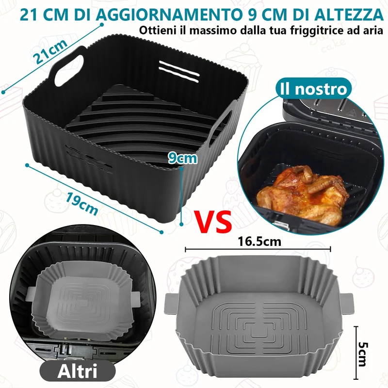 21CM Accessori Friggitrice ad Aria in Silicone, 2PCS Quadrata Teglie Cestino per Friggitrice ad Aria per COSORI 5,5L 4,7L, Riutilizzabile Invece di Carta Forno