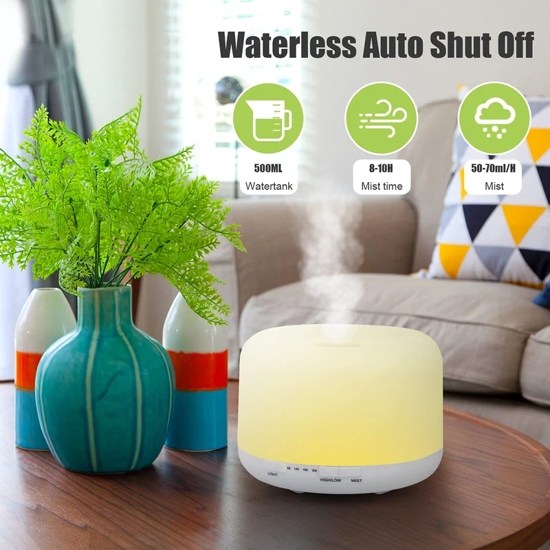500ml Diffusore di Oli Essenziali, Senza BPA Umidificatore ad Ultrasuoni con Telecomando e 7 Diverse Luci Mutevoli -Spegnimento Automatico Senza Acqua