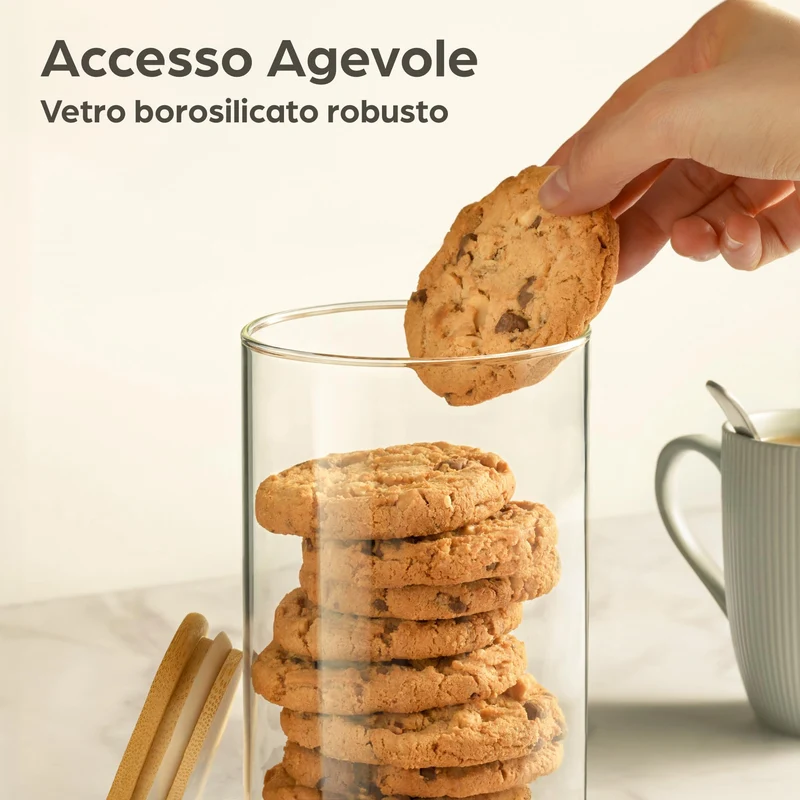 4 Barattoli di Cucina in Vetro con Coperchio in Bambù - Lavabili in Lavastoviglie - 1200ml Contenitore Pasta Grande