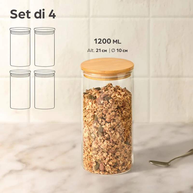 4 Barattoli di Cucina in Vetro con Coperchio in Bambù - Lavabili in Lavastoviglie - 1200ml Contenitore Pasta Grande