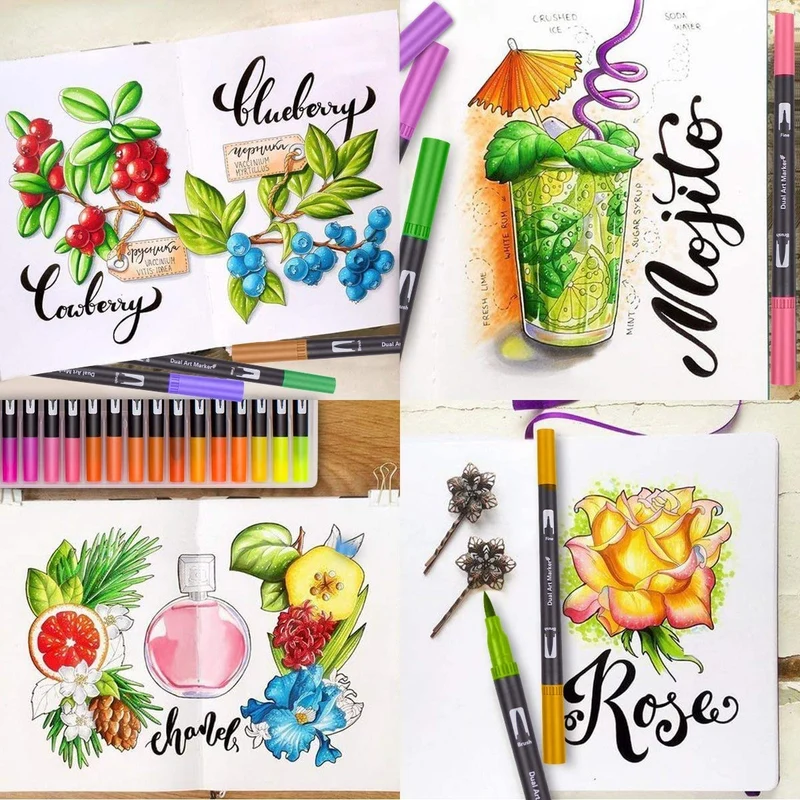 132 Brush Pen Lettering Pennarelli a Doppia Punta Artistici con Punta a Pennello per Calligrafia Colorazione, Disegno, Pittura per Adulti
