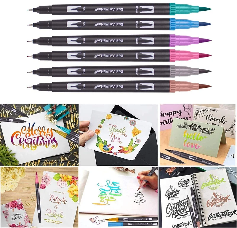 132 Brush Pen Lettering Pennarelli a Doppia Punta Artistici con Punta a Pennello per Calligrafia Colorazione, Disegno, Pittura per Adulti