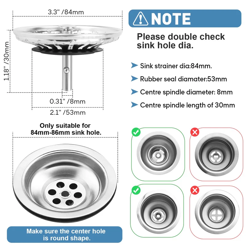 2 filtri per lavello da 304 in acciaio inox, tappo per scarico da cucina, a spina di pesce Ø 8mm, 25 mm vite, diametro 84 mm cestello per setaccio