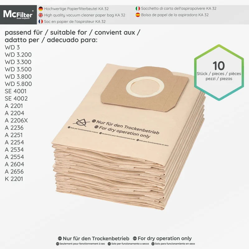 1 set da 10 sacchetti per aspirapolvere e 1 filtro a cartuccia, adatto per aspirapolvere multiuso Kärcher della serie WD3 e MV3