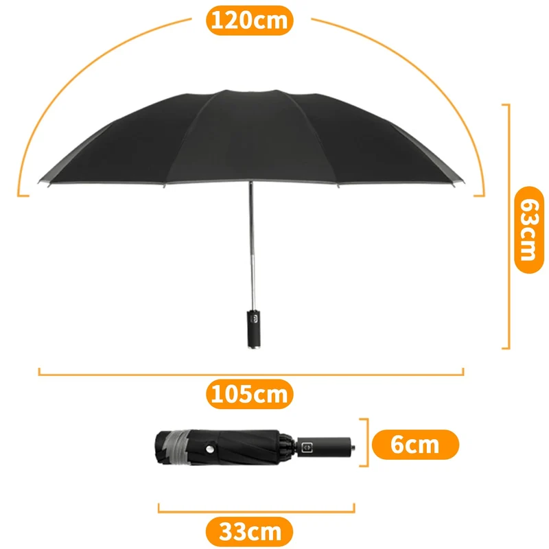 Ombrello Inverso Automatico, Ombrello Pieghevole Antivento, Ombrello Grande da Pioggia 10 Stecche Rinforzate per Uomo Donna, Diametro 105cm (Nero)