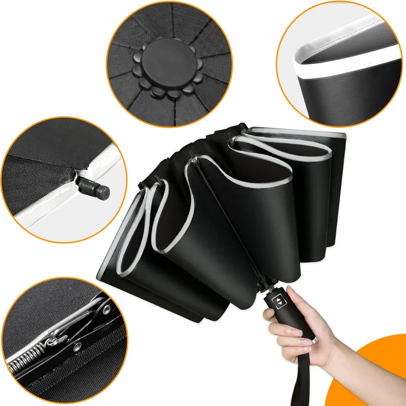 Ombrello Inverso Automatico, Ombrello Pieghevole Antivento, Ombrello Grande da Pioggia 10 Stecche Rinforzate per Uomo Donna, Diametro 105cm (Nero)