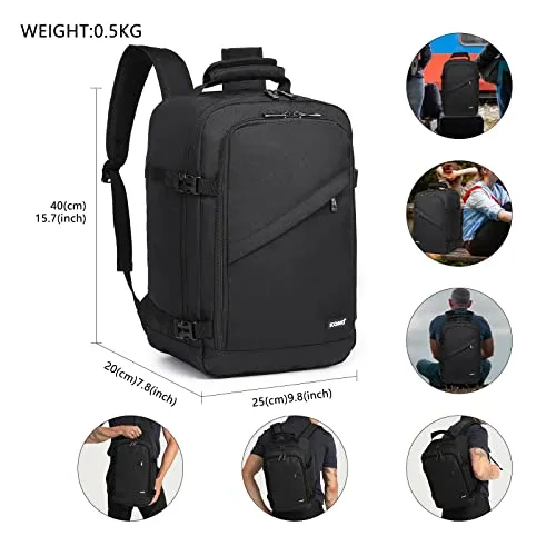 KONO Zaino da Viaggio 40x20x25 Zaino Ryanair Bagaglio a Mano per Sotto il Sedile Borsa (Nero)