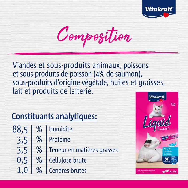 Vitakraft Vitakraft Liquid Snack liquido per Gatto, Salmone e Omega, 6 x 15g