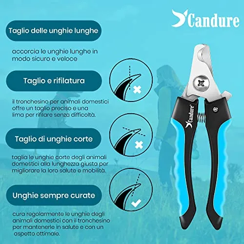 CANDURE Tagliaunghie Cane e Gatto con Guardia per Protezione Cani - Acciaio Inossidabile Tagliaunghie Gatto Professionale per Veterinaria e Uso Personale (Blu, Grande a Medio)