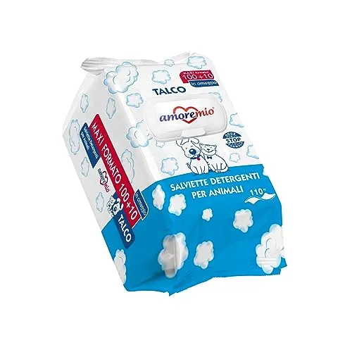 AMORE MIO | 110 Salviette al Talco Maxi Formato Extra Large per Il Manto di Cani, Gatti e Animali Domestici, Disinfettanti e Igienizzanti, 30x20 cm - 1 Confezione da 110 Salviettine