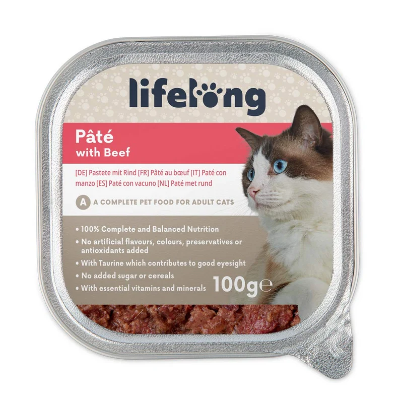 Marchio Amazon - Lifelong, Alimento per gatti, Paté con manzo, 16 confezione da 100g