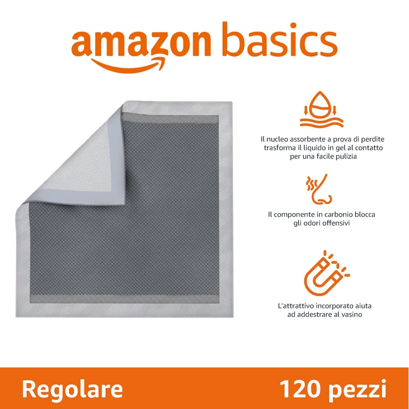 Amazon Basics, Tappetini al carbone con controllo degli odori per l'addestramento di cani e cuccioli, a prova di perdite con superficie ad asciugatura rapida, dimensione standard, confezione da 120