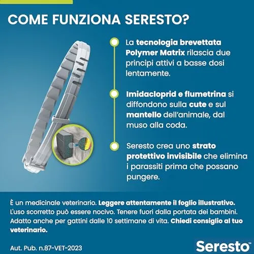 Seresto collare antiparassitario per gatti. Elimina pulci e zecche, fino a 8 mesi di protezione
