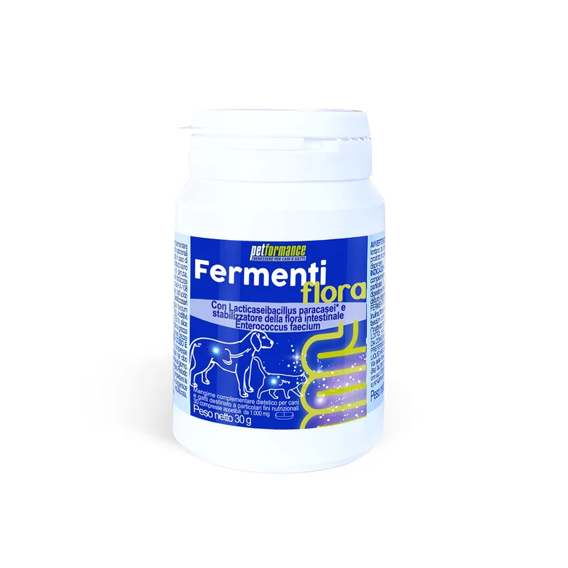 PETFORMANCE BENESSERE PER CANI E GATTI Fermentiflora - Fermenti per Cani e Gatti - Sostegno per l'Apparato Digerente, Ripristina la Flora Batterica - Molto Appetibile - 30 Compresse