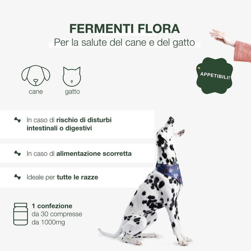 PETFORMANCE BENESSERE PER CANI E GATTI Fermentiflora - Fermenti per Cani e Gatti - Sostegno per l'Apparato Digerente, Ripristina la Flora Batterica - Molto Appetibile - 30 Compresse