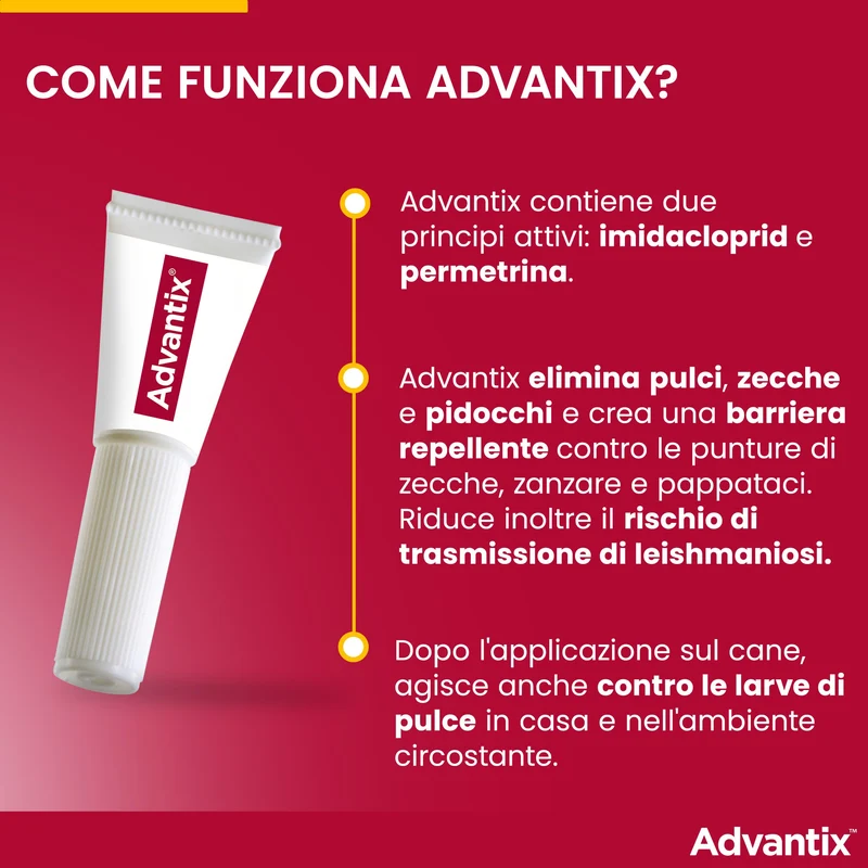Advantix® Spot-on antiparassitario per Cani da 4 Kg fino a 10 Kg, 4 pipette da 1 ml. Elimina zecche, pulci, pidocchi in casa. Protegge da zanzare, pappataci e rischio di leishmaniosi.