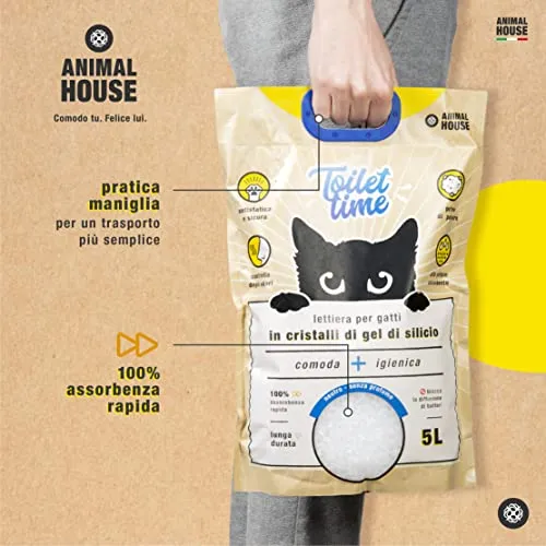 Animal House Toilet Time - Lettiera in Cristalli di Silicio per Gatti - Antistatica e Sicura - Priva di Polvere - Ultra Assorbente - Trattiene gli Odori (Neutro, 5L)