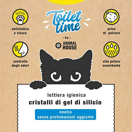 Animal House Toilet Time - Lettiera in Cristalli di Silicio per Gatti - Antistatica e Sicura - Priva di Polvere - Ultra Assorbente - Trattiene gli Odori (Neutro, 5L)
