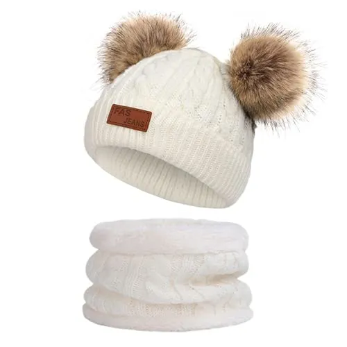 JFAN Sciarpa Invernale per Bambini in Maglia Doppia con Cappello Caldo A Forma di Palla di Pelo Cappello a Doppia Palla di Capelli + Sciarpa,Bianco