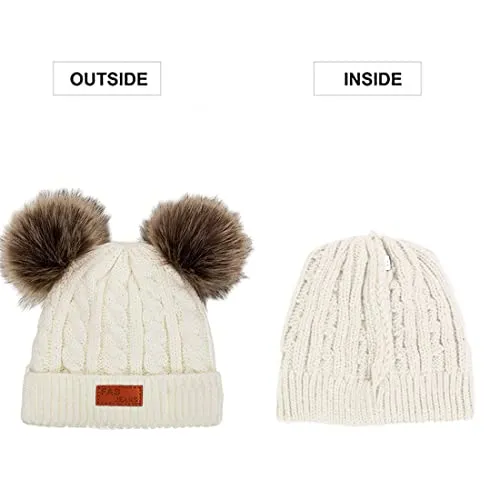 JFAN Sciarpa Invernale per Bambini in Maglia Doppia con Cappello Caldo A Forma di Palla di Pelo Cappello a Doppia Palla di Capelli + Sciarpa,Bianco