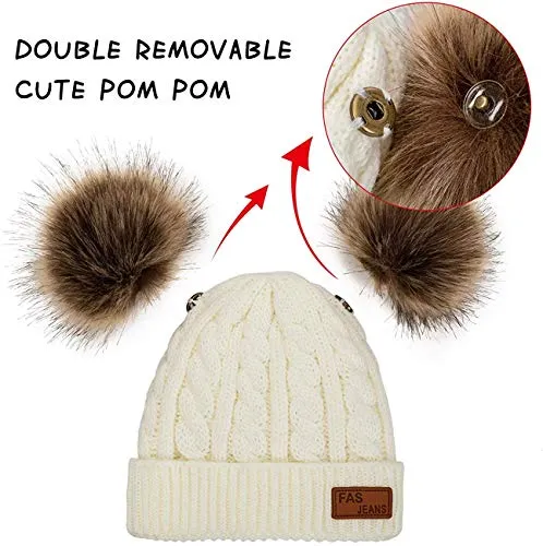 JFAN Sciarpa Invernale per Bambini in Maglia Doppia con Cappello Caldo A Forma di Palla di Pelo Cappello a Doppia Palla di Capelli + Sciarpa,Bianco