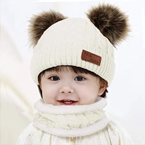 JFAN Sciarpa Invernale per Bambini in Maglia Doppia con Cappello Caldo A Forma di Palla di Pelo Cappello a Doppia Palla di Capelli + Sciarpa,Bianco