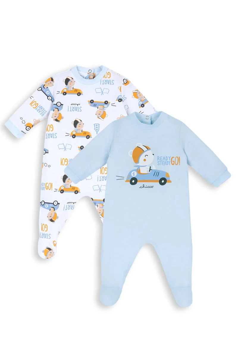 Chicco Set Tutine In Cotone con piedino, Tutina Unisex 0-24, Azzurro, 9 mesi (pacco da 2)