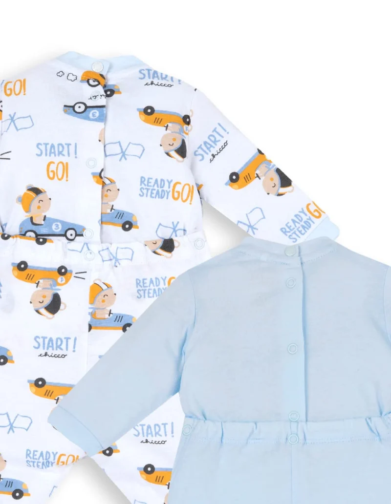 Chicco Set Tutine In Cotone con piedino, Tutina Unisex 0-24, Azzurro, 9 mesi (pacco da 2)