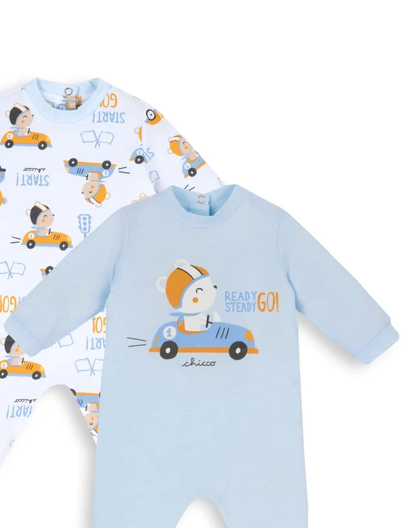 Chicco Set Tutine In Cotone con piedino, Tutina Unisex 0-24, Azzurro, 9 mesi (pacco da 2)