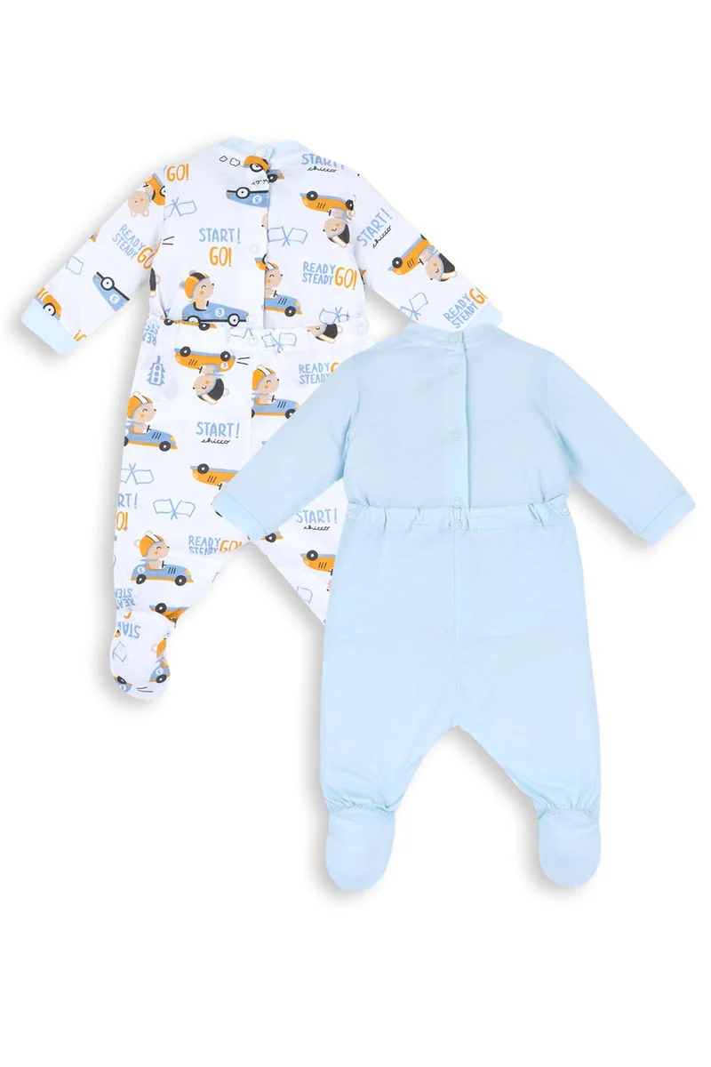 Chicco Set Tutine In Cotone con piedino, Tutina Unisex 0-24, Azzurro, 9 mesi (pacco da 2)