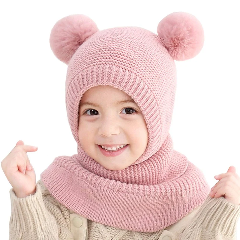 YONKOUNY Bambini Cappello Invernali Calda Carina Berretti in Lana a Maglia Sciarpa con Cappuccio Copricapo Balaclava Cappello da Sci (Rosa)