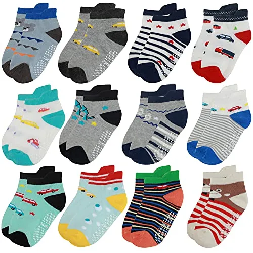 Yafane 12 Paia Calzini Bambino Neonato Ragazzo Antiscivolo Cotone Calze per Ragazzi Bambini 0-5 Anni (1-3 anni)